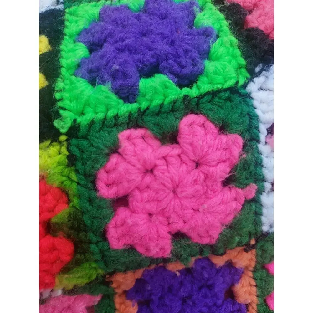 VTG Large Handmade Crochet Afghan Granny Square Blanket Hand Sewn Made Dopamine